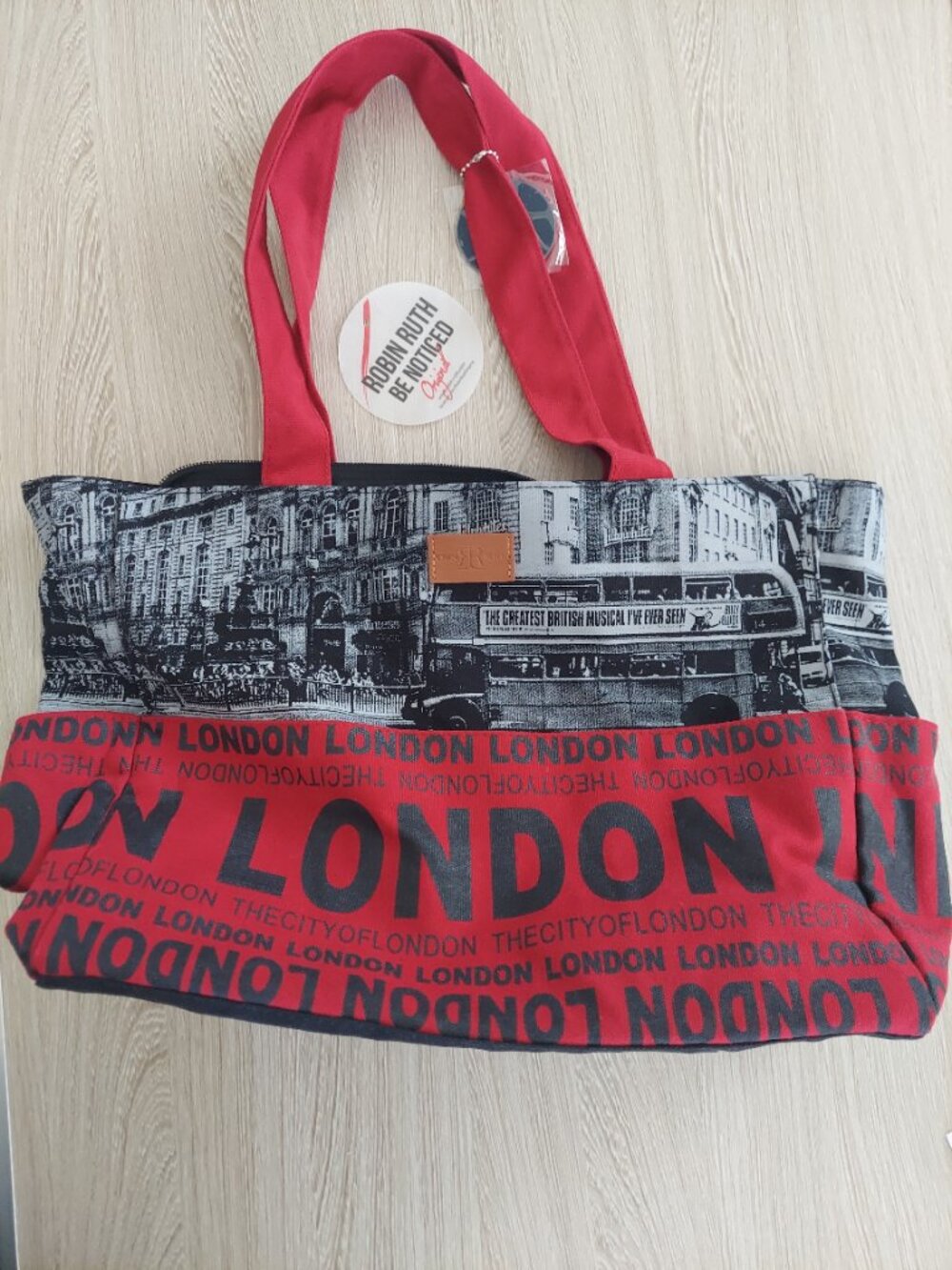 Robin Ruth London Tote Bag - Black & Red canvas with outside pockets - Picture 1 of 15
